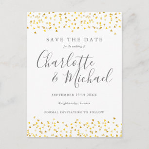 Carte Postale Faire-part Gold Hearts Confetti Enregistrer la date