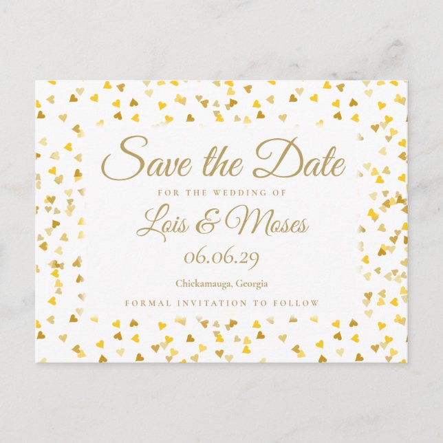 Carte Postale Faire-part Gold Hearts Confetti Enregistrer la date (Devant)