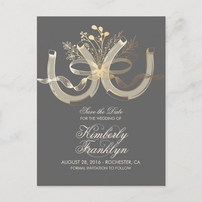 Carte Postale Faire-part Gold Horseshoes Rustic Country Enregistrer la date (Devant)