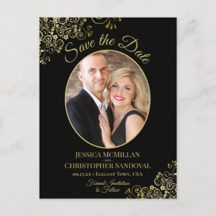 Carte Postale Faire-part Gold Lace Black Wedding Enregistrer la date Oval P