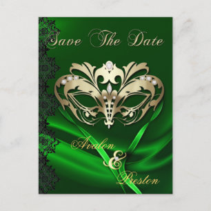 Carte Postale Faire-part Gold Masquerade Bijou vert Enregistrer la date Car