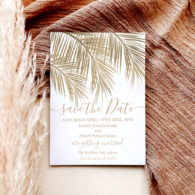 Carte Postale Faire-part Gold palm arbre feuille script tropical enregistre (Créateur téléchargé)