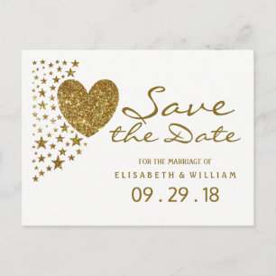 Carte Postale Faire-part Gold Parties scintillant Coeur et étoiles Mariage