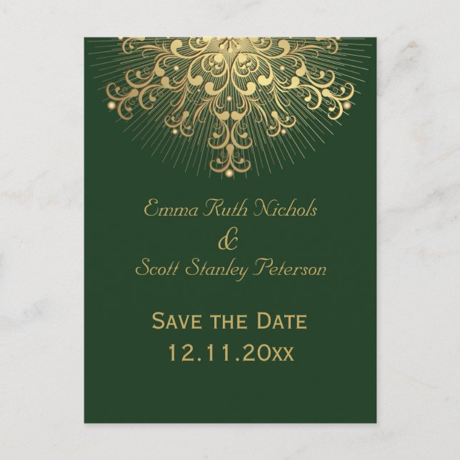 Carte Postale Faire-part Gold snowflake mariage hiver vert Enregistrer la d (Devant)
