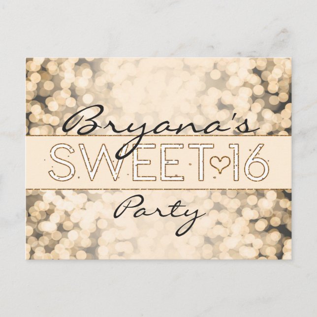 Carte Postale Faire-part Gold Sparkling Lights SWEET 16 Glam Postcard (Devant)