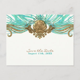 Carte Postale Faire-part Gold & Turquoise Sea Shell Glam Beach Enregistrer 