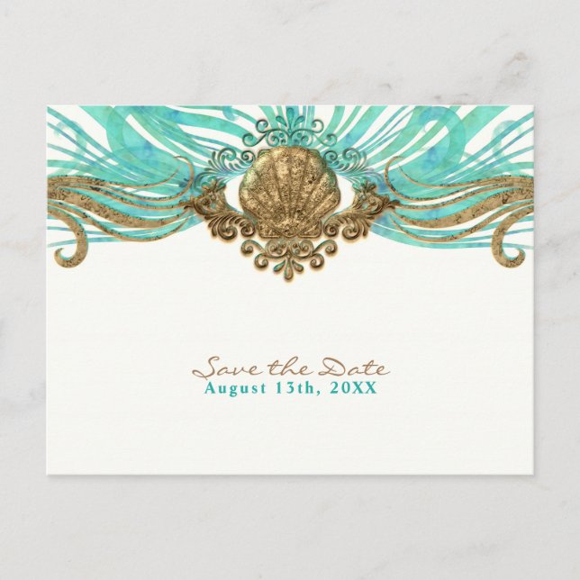 Carte Postale Faire-part Gold & Turquoise Sea Shell Glam Beach Enregistrer  (Devant)
