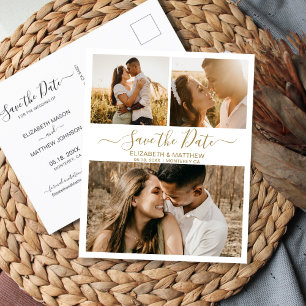 Carte Postale Faire-part Gold White Script Collage Mariage Enregistrer La D