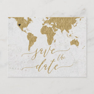 Carte Postale Faire-part Gold World Map Destination Enregistrer la date
