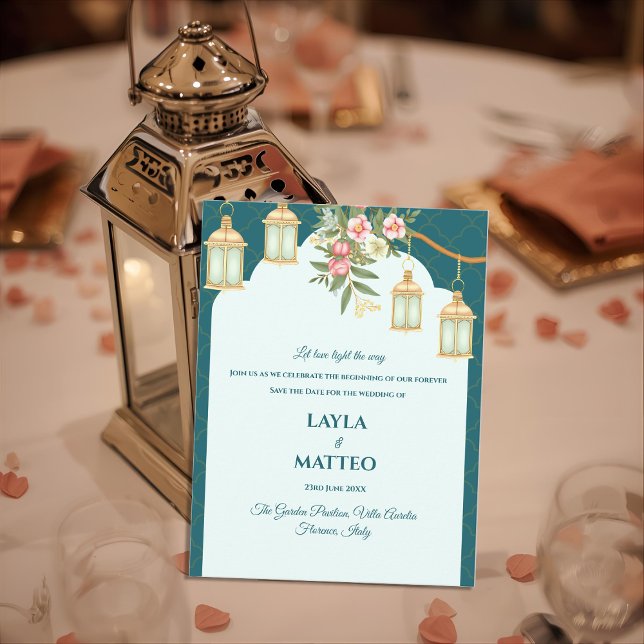 Carte Postale Faire-part Golden Lantern Floral Teal Blue Wedding (Golden Lantern Floral Teal Blue Wedding Announcement Postcard)