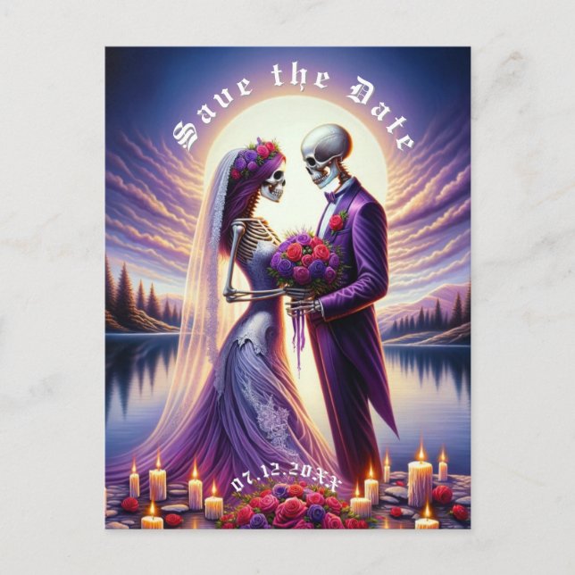Carte Postale Faire-part Gothic Skeleton Couple Red Roses Save the Date (Devant)