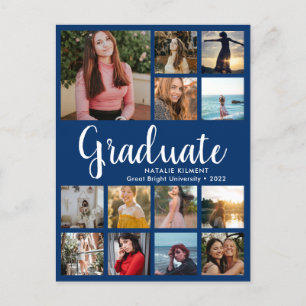 Carte Postale Faire-part Graduate 13 Photo Collage Bleu & Blanc Graduation