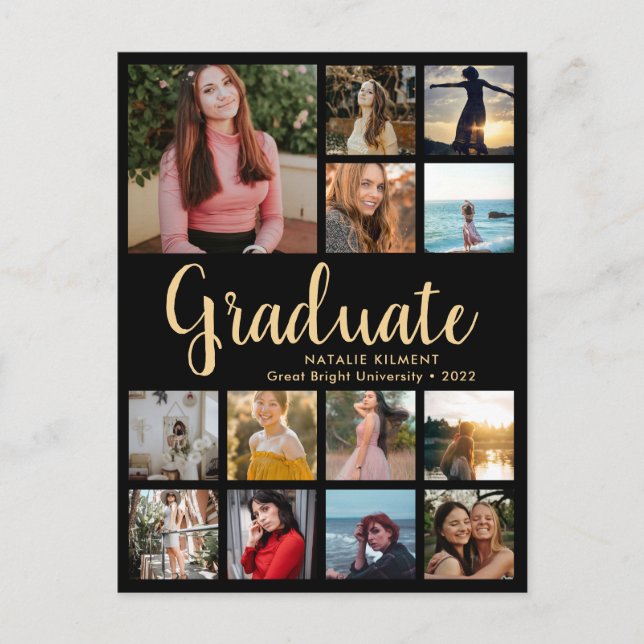 Carte Postale Faire-part Graduate 13 Photo Collage noir & or Graduation (Devant)