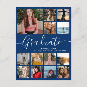 Carte Postale Faire-part Graduate 14 Photo Collage Bleu & Blanc Graduation