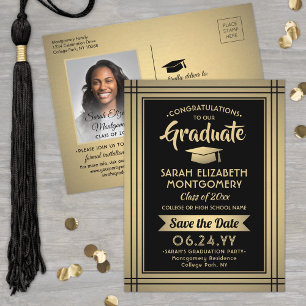 Carte Postale Faire-part Graduate Congrats Black & Gold Enregistrer la date