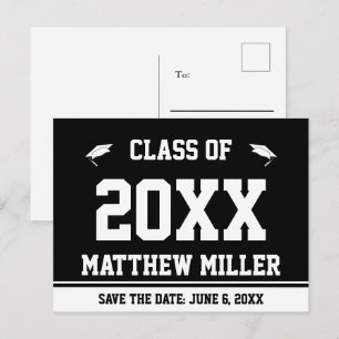 Carte Postale Faire-part Graduation Enregistrer la date Noir et blanc Nom d