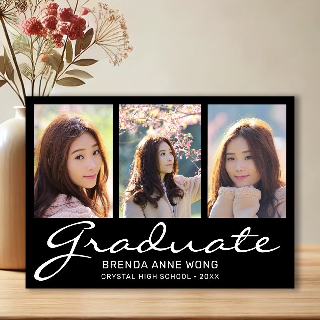 Carte Postale Faire-part Graduation moderne 3 Photo Collage blanc Script (Modern 3 Photo Black with White Script Graduation Announcement)