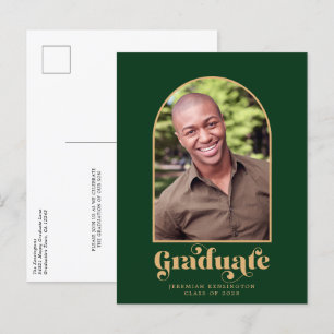 Carte Postale Faire-part Graduation photo moderne Green et Gold Arch