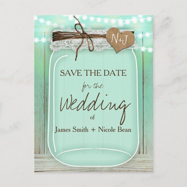 Carte Postale Faire-part Grand pot Mason Mint + Lumières Rustique Save the  (Devant)