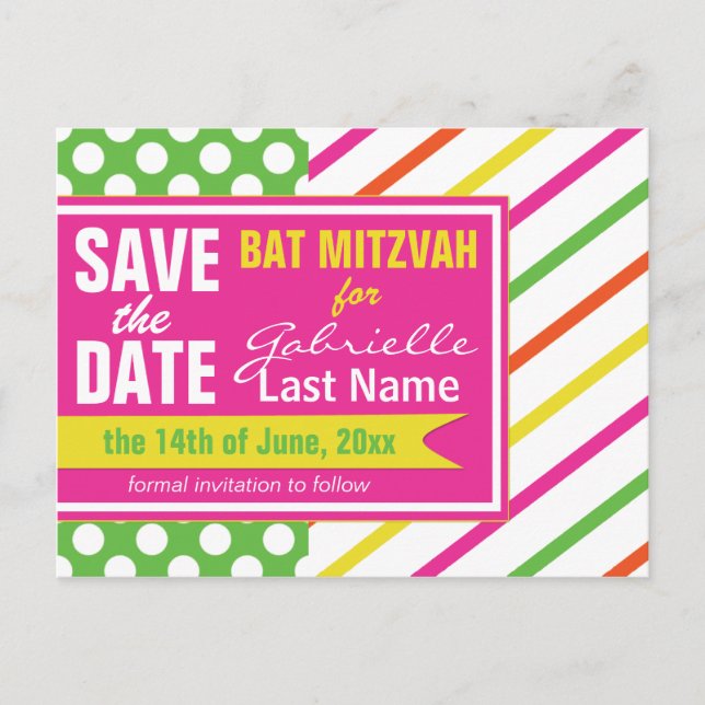 Carte Postale Faire-part Grandes bandes et Bat mitzvah Pois (Devant)