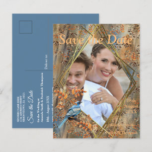 Carte Postale Faire-part Grands arbres, feuilles d'automne et merles bleus.