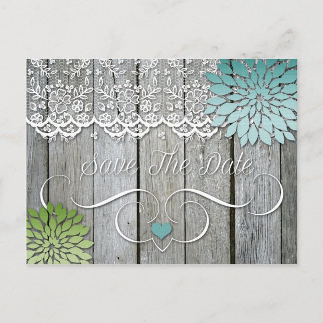 Carte Postale Faire-part Grange Bois Moderne Pétales Vert Turquoise Économi (Devant)