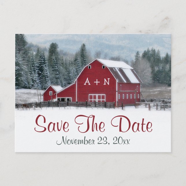 Carte Postale Faire-part Grange rouge en mariage hivernal Enregistrer la da (Devant)