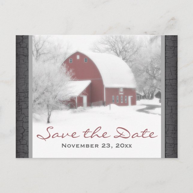 Carte Postale Faire-part Grange rouge en mariage hivernal Enregistrer la da (Devant)