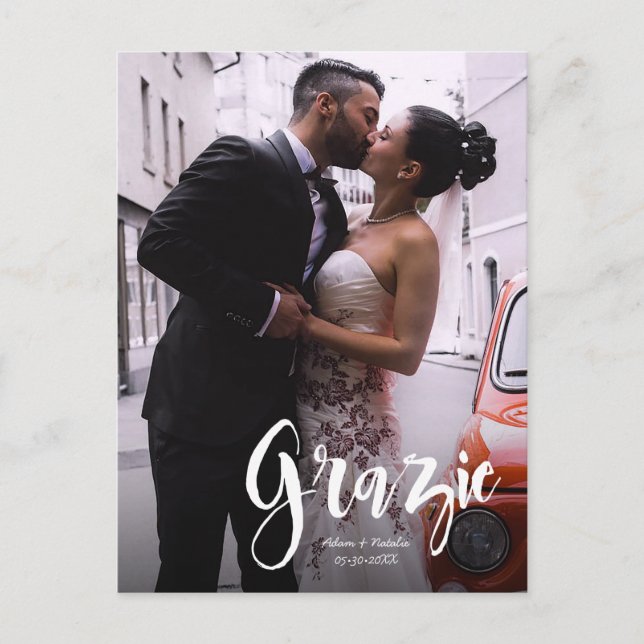 Carte Postale Faire-part Grazie, Moderne, Script • Photo, Noms & date (Devant)