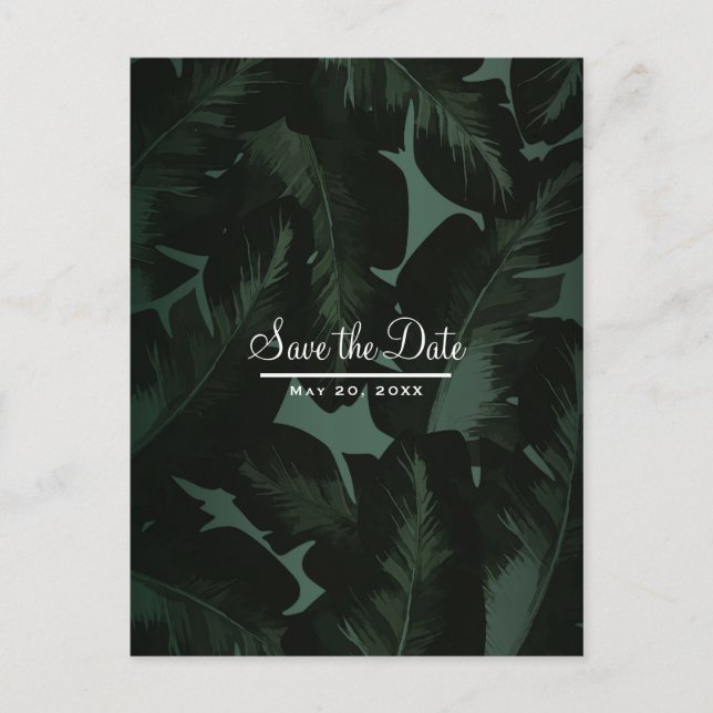 Carte Postale Faire-part Green & Black Chic Tropical Feuilles Sauvez la dat (Devant)