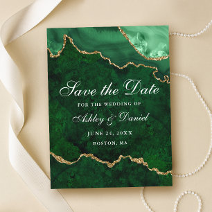Carte Postale Faire-part Green Gold Marble Agate Géode Enregistrer La Date 