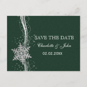 Carte Postale Faire-part Green Silver Snowflakes Winter save Date