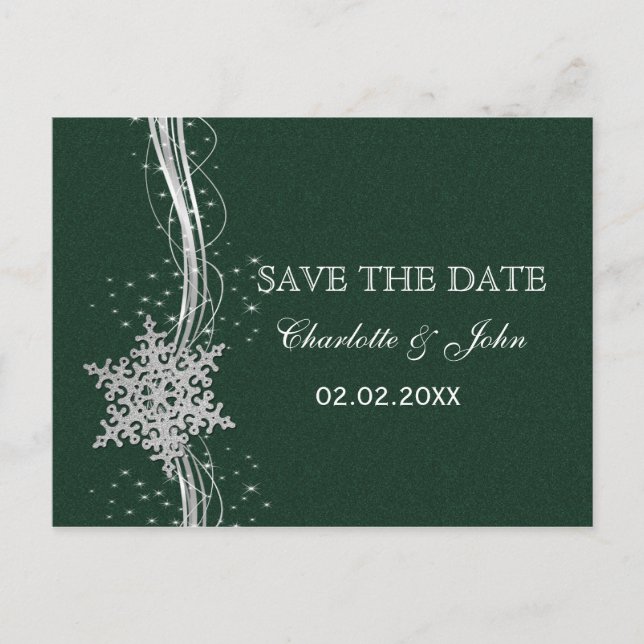 Carte Postale Faire-part Green Silver Snowflakes Winter save Date (Devant)
