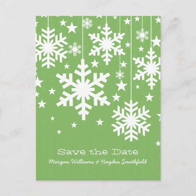 Carte Postale Faire-part Green Snowflakes et Stars Enregistrer la date Cart (Devant)