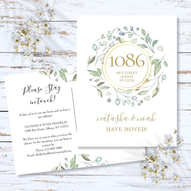 Carte Postale Faire-part Greenery Garland Gold Nouvelle adresse Nous avons  (Greenery Garland Gold New Address We've Moved Anno Announcement Postcard)