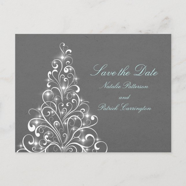 Carte Postale Faire-part Grey Sparkly Holiday Tree Enregistrer la date Cart (Devant)