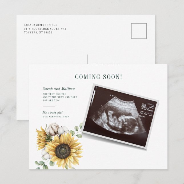 Carte Postale Faire-part Grossesse de l'éucalyptus du tournesol floral (Devant / Derrière)