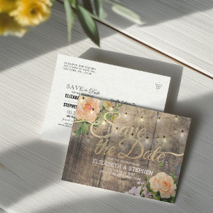 Carte Postale Faire-part Guirlande de lumières florales en bois rustique En