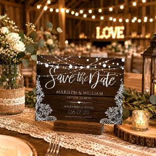 Carte Postale Faire-part Guirlande Lumineuse Mariage Bois Rustique Save The
