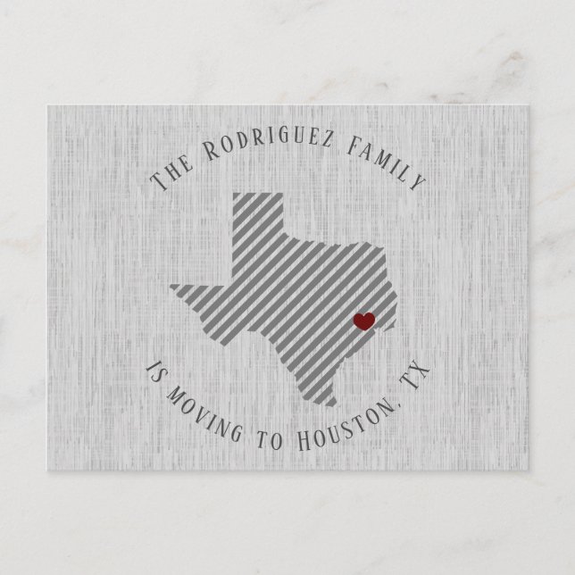 Carte Postale Faire-part Gulf Coast Grey Linen et Heart Texas Moving (Devant)