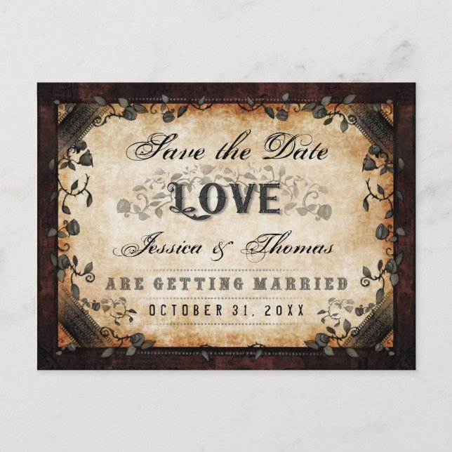 Carte Postale Faire-part Halloween Brown gothique AMOUR Enregistrer la date (Devant)