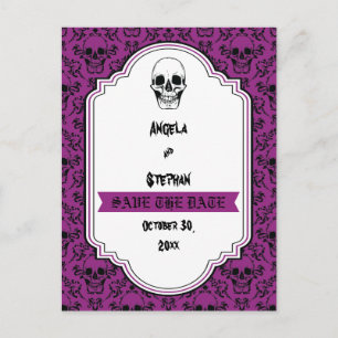 Carte Postale Faire-part Halloween crâne damassé violet gothique Enregistre