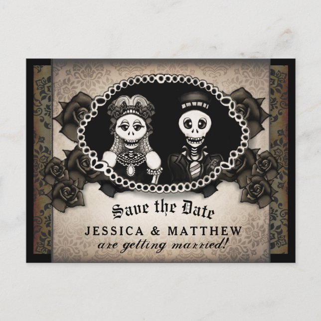Carte Postale Faire-part Halloween Mariage Brown Skeletons antiques (Devant)