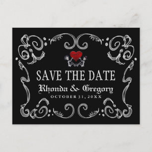 Carte Postale Faire-part Halloween Skeletons Heart PHOTO on Back Date de sa