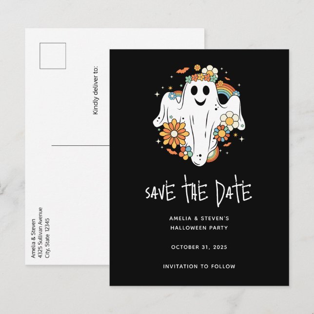 Carte Postale Faire-part Happy Ghost Retro Hippie Vibe Halloween (Devant / Derrière)