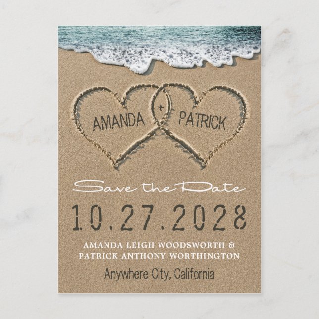 Carte Postale Faire-part Hearts in the Sand Beach Shore Save The Date Cards (Devant)