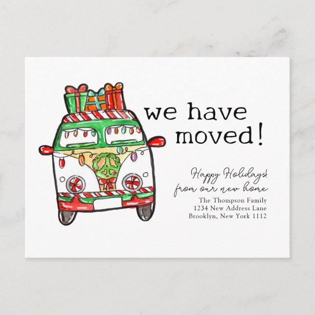 Carte Postale Faire-part Hippie Noël Van Vacances Nous avons déménagé (Devant)