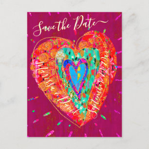 Carte Postale Faire-part Hippie rétro Coeur rose Turquoise Sauvez la date