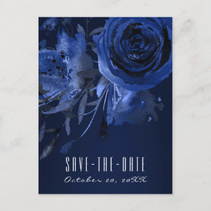 Carte Postale Faire-part Hiver Chic Fleur Bleue Rose Gras Enregistrer la Da
