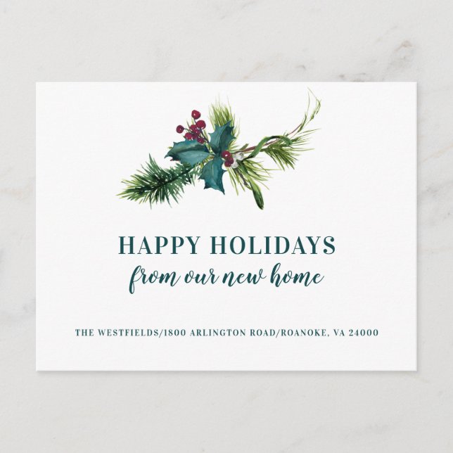 Carte Postale Faire-part Holly Berries et Pine New Home Holiday Moving (Devant)